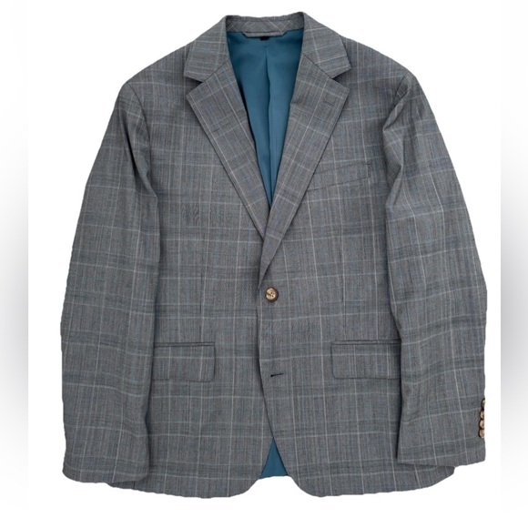 Bonobos Gray Windowpane Glen Plaid Marzotto Italian Stretch Wool 38S Slim Fit